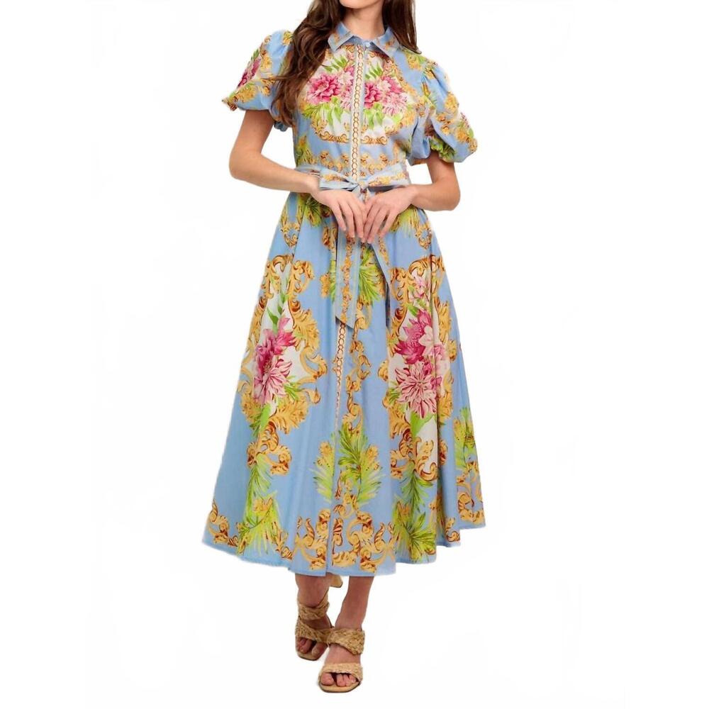 NEW FLYING TOMATO versailles garden midi dress in light blue multi - Picture 3 of 7